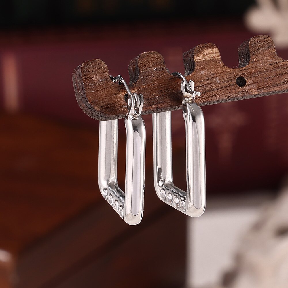 Silver-Plated Square Hoop Earrings with Black Rhinestones Stainless Steel, 2.3cm