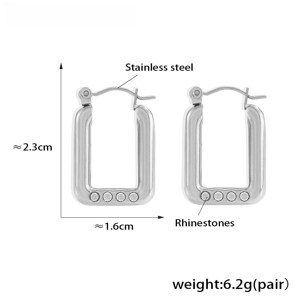 Silver-Plated Square Hoop Earrings with Black Rhinestones Stainless Steel, 2.3cm