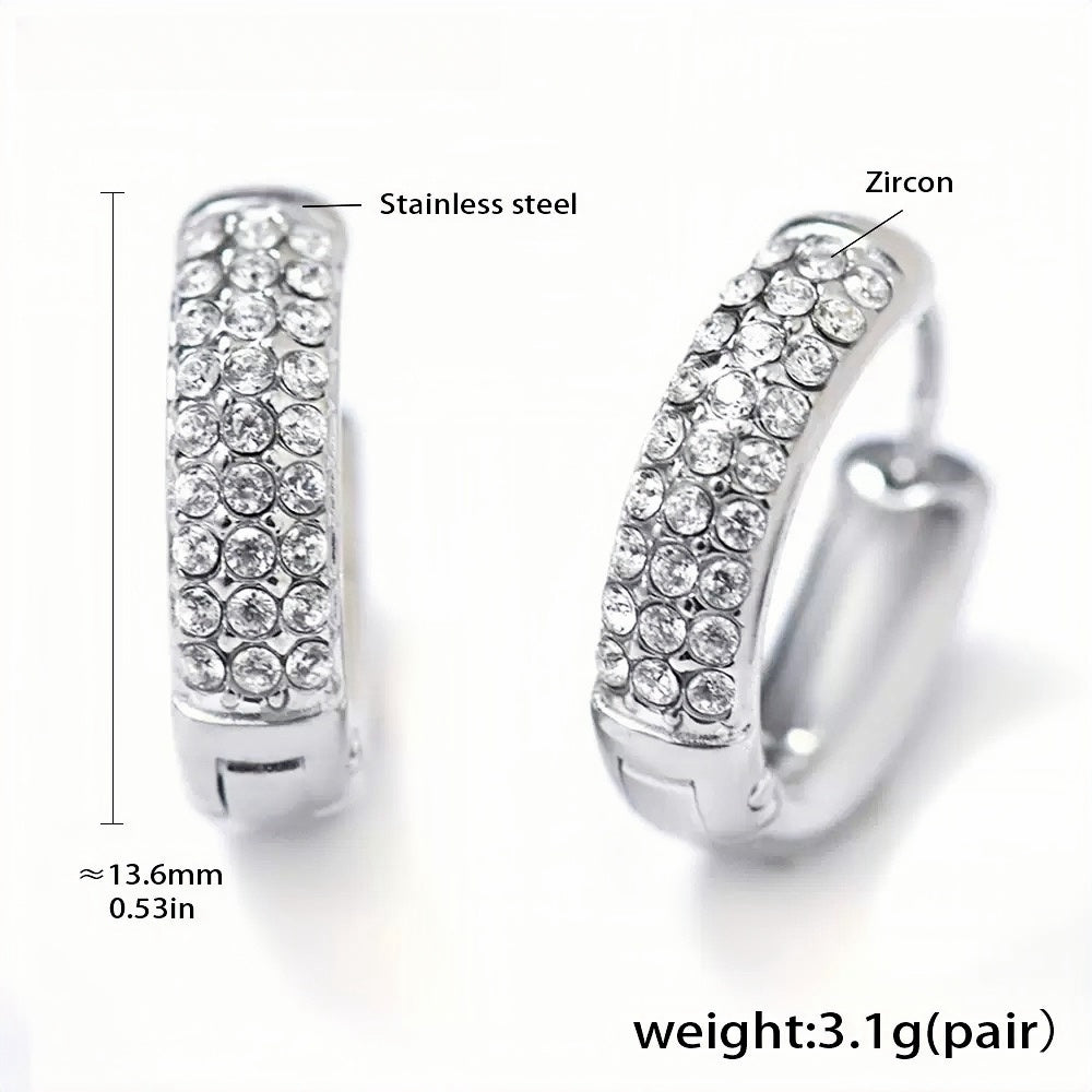Elegant Zircon-Studded Stainless Steel Hoop Earrings (Pair)