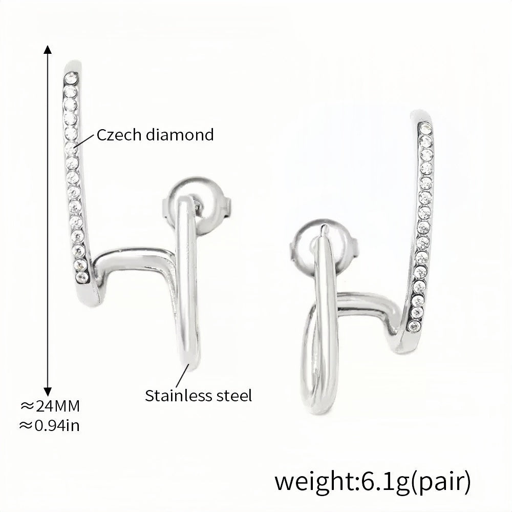 Sleek Silver Stainless Steel Earrings with Czech Diamond Accents Contemporary Loop Design