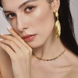Elegant Gold-Tone Stainless Steel Dangle Earrings Textured Leaf Design