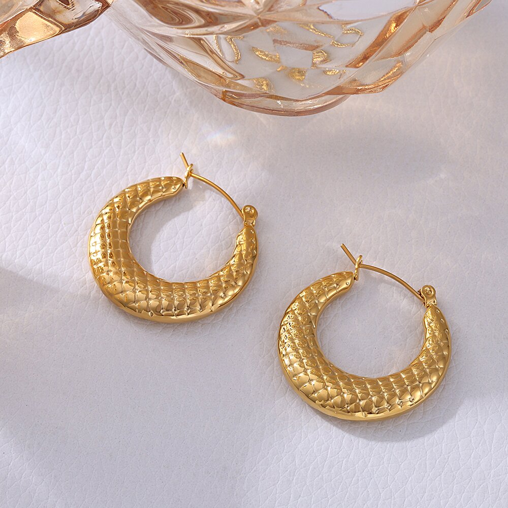Elegant Gold-Tone Textured Hoop Earrings Stainless Steel, 1.14 Inch
