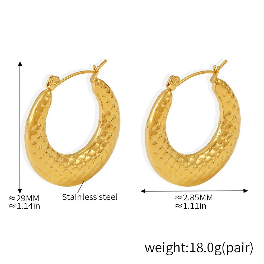 Elegant Gold-Tone Textured Hoop Earrings Stainless Steel, 1.14 Inch