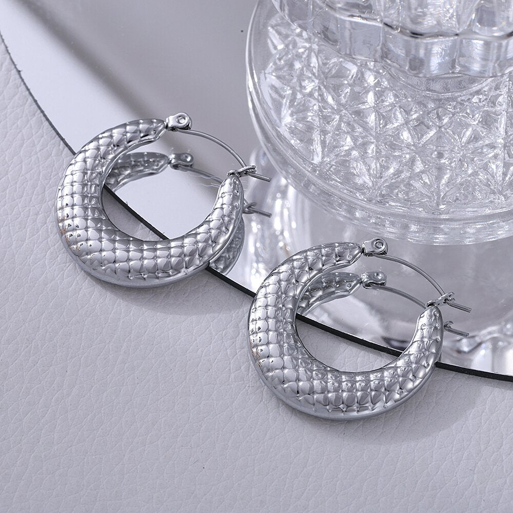 Elegant Textured Stainless Steel Hoop Earrings 1.14'' Drop, 18g Pair Hypoallergenic & Durable