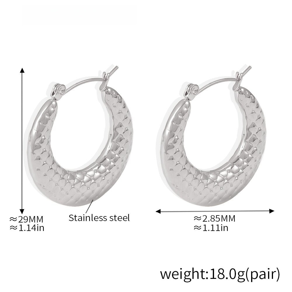 Elegant Textured Stainless Steel Hoop Earrings 1.14'' Drop, 18g Pair Hypoallergenic & Durable