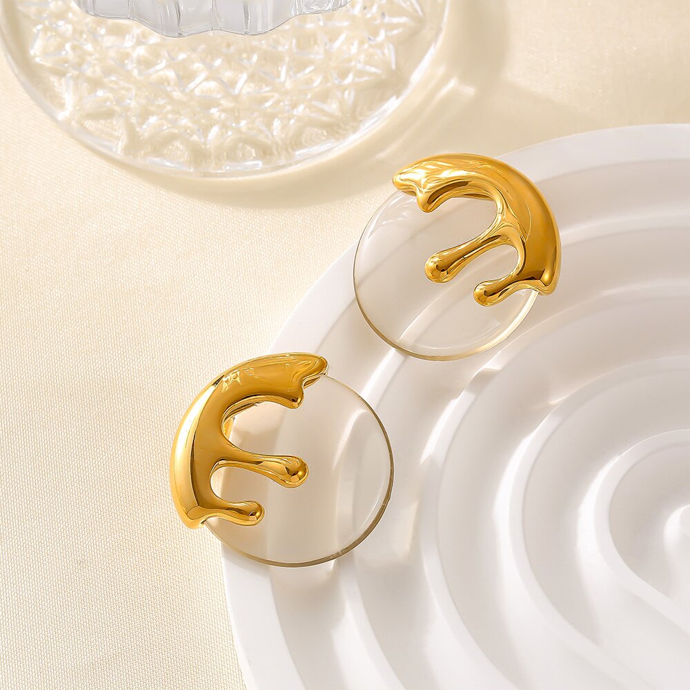 Bold White & Gold Drip Statement Earrings Resin & Titanium Steel, 2.7cm