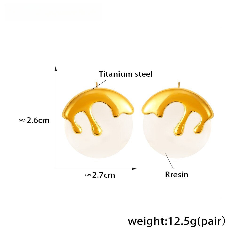 Bold White & Gold Drip Statement Earrings Resin & Titanium Steel, 2.7cm