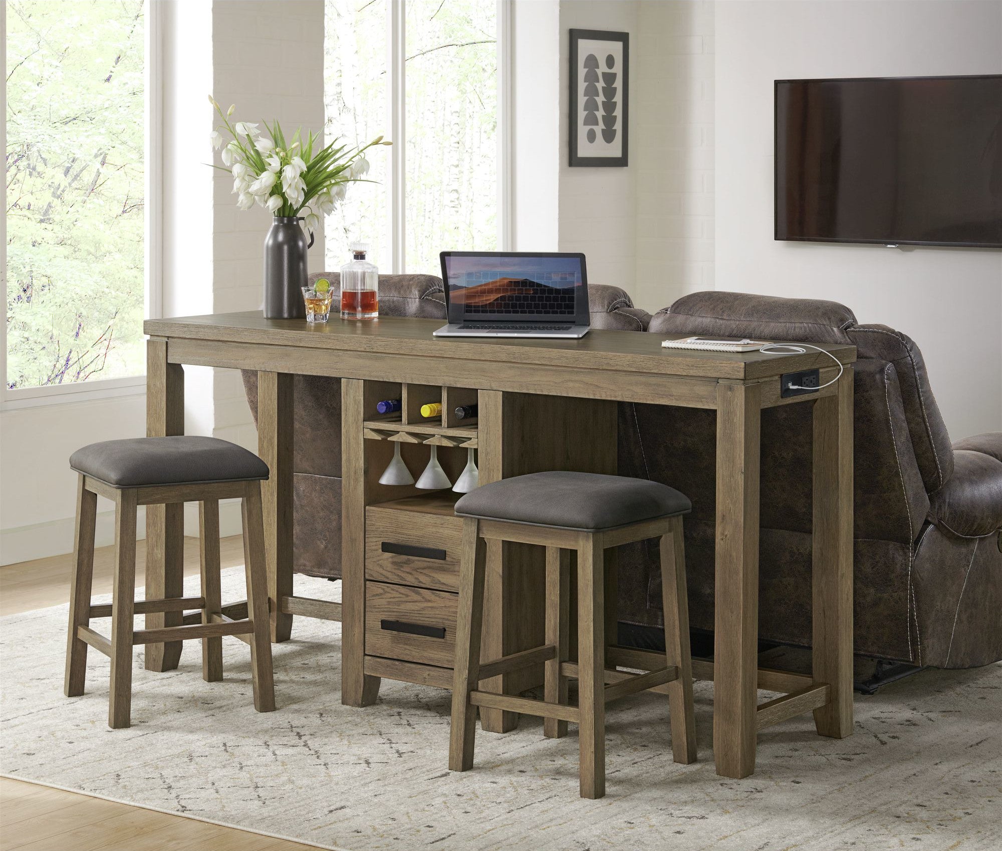 Sunset Trading Saunders 3Pc Console Bar Table & Stool Set With Charging Station | Storage Drawers Glass Stemware Wine Rack Usb P