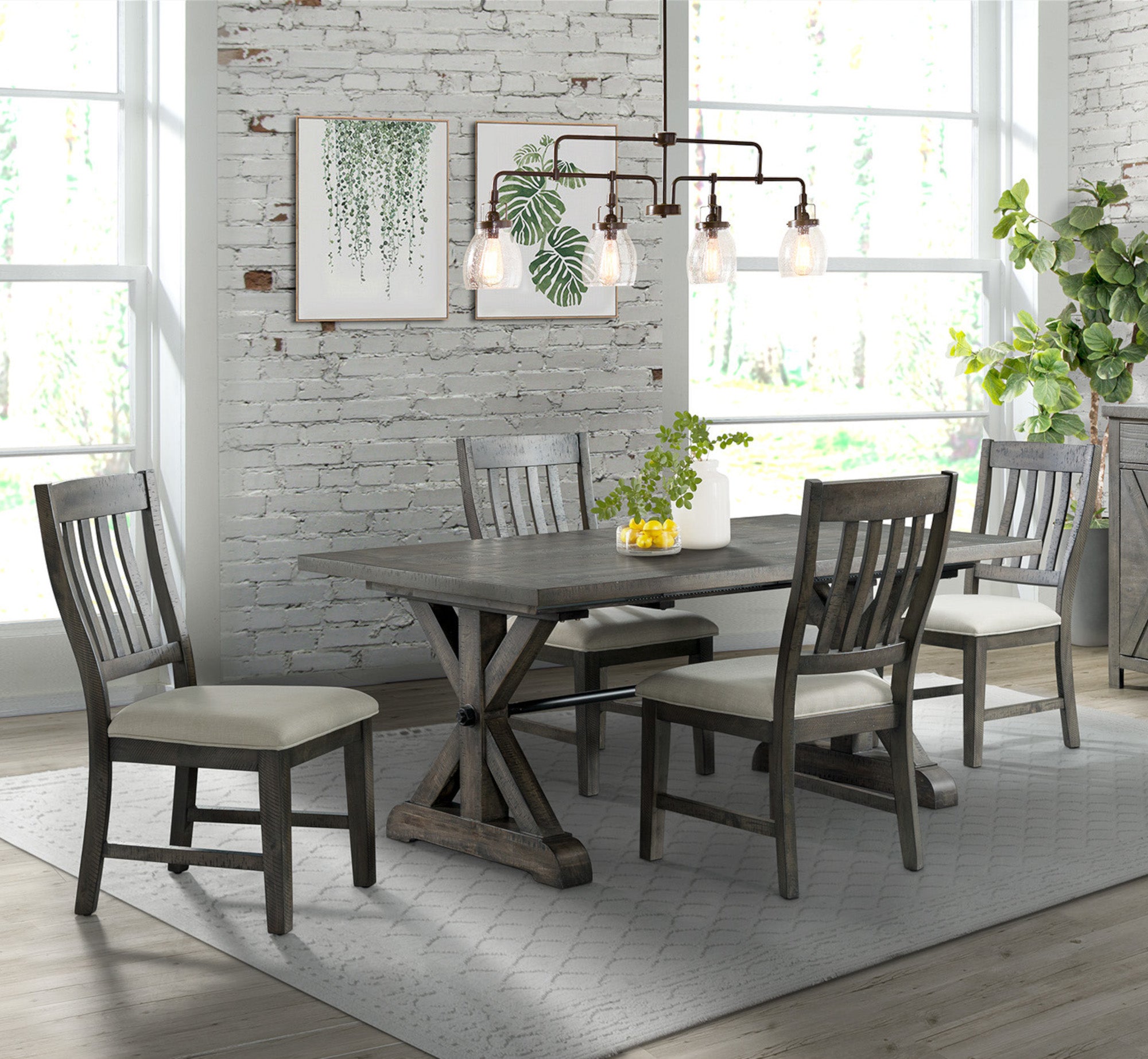 Sunset Trading Trestle 5 Piece Dining Set | 96 Rectangular Extendable Table | 4 Upholstered Side Chairs | Distressed Gray Wood