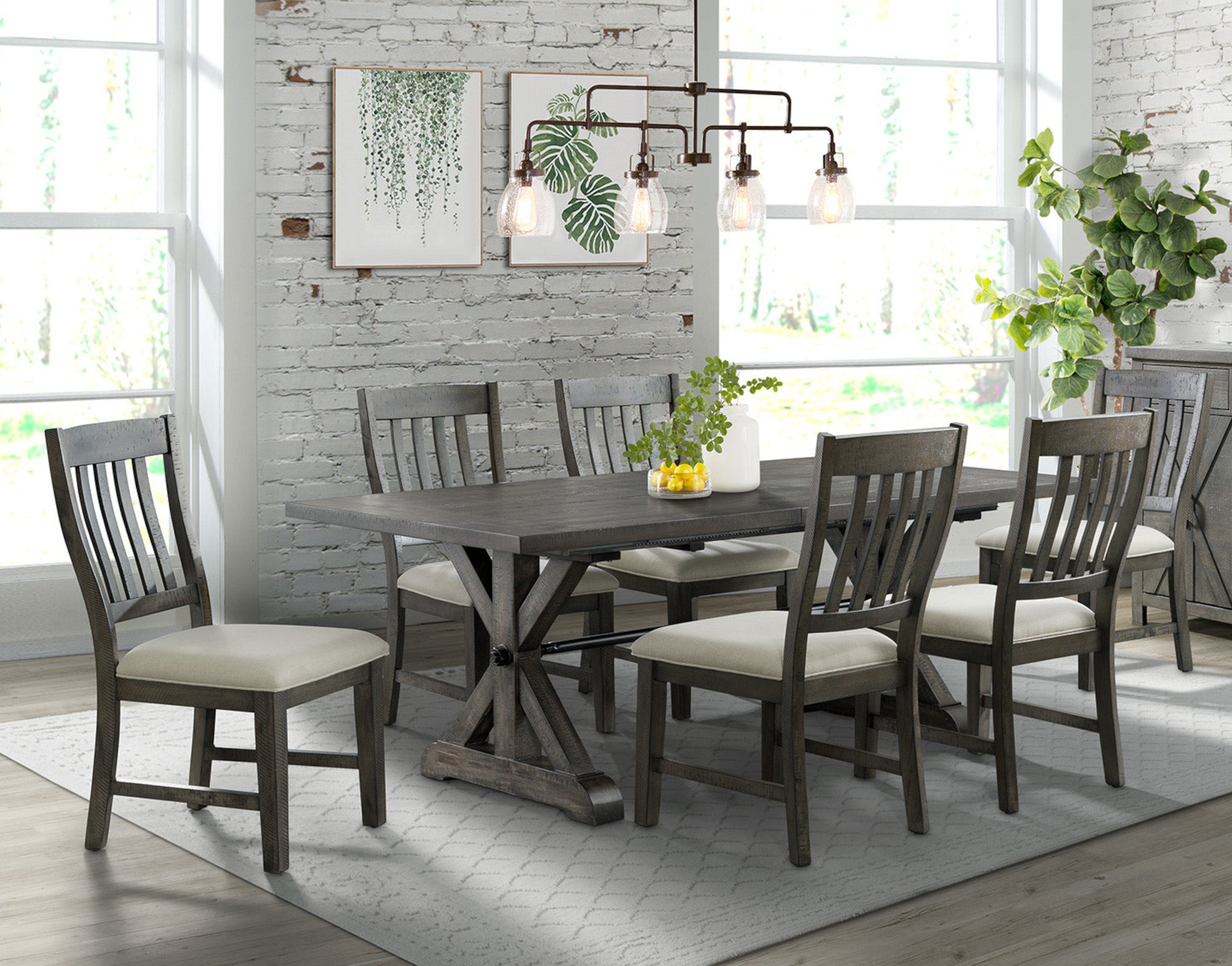 Sunset Trading Trestle 7 Piece Dining Set | 96 Rectangular Extendable Table | 6 Upholstered Side Chairs | Distressed Gray Wood