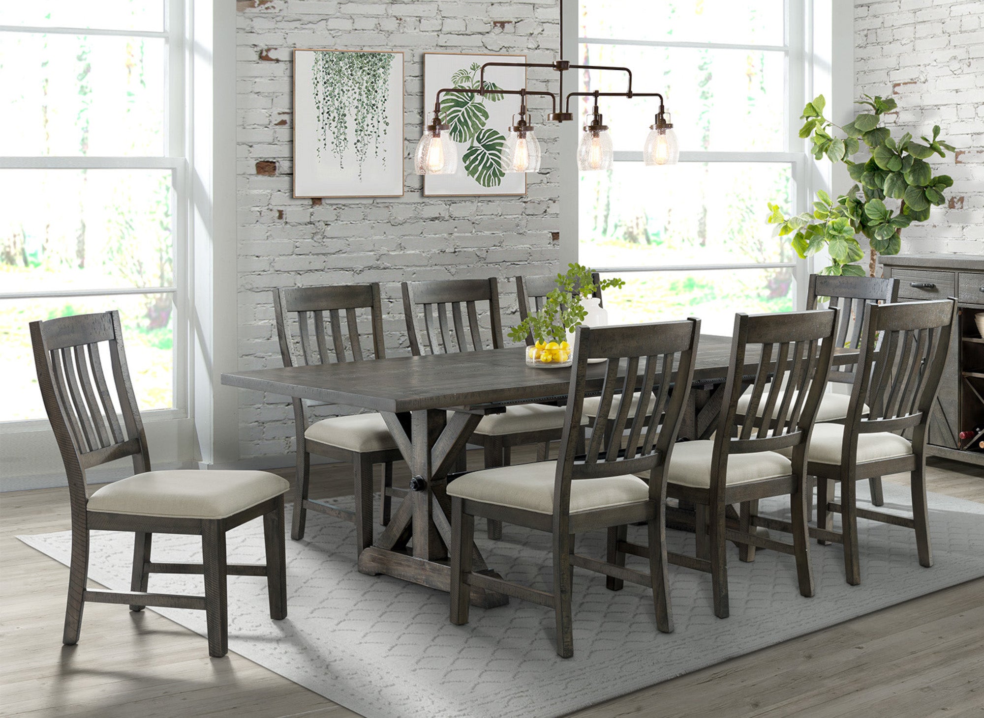 Sunset Trading Trestle 9 Piece Dining Set | 96 Rectangular Extendable Table | 8 Upholstered Side Chairs | Distressed Gray Wood