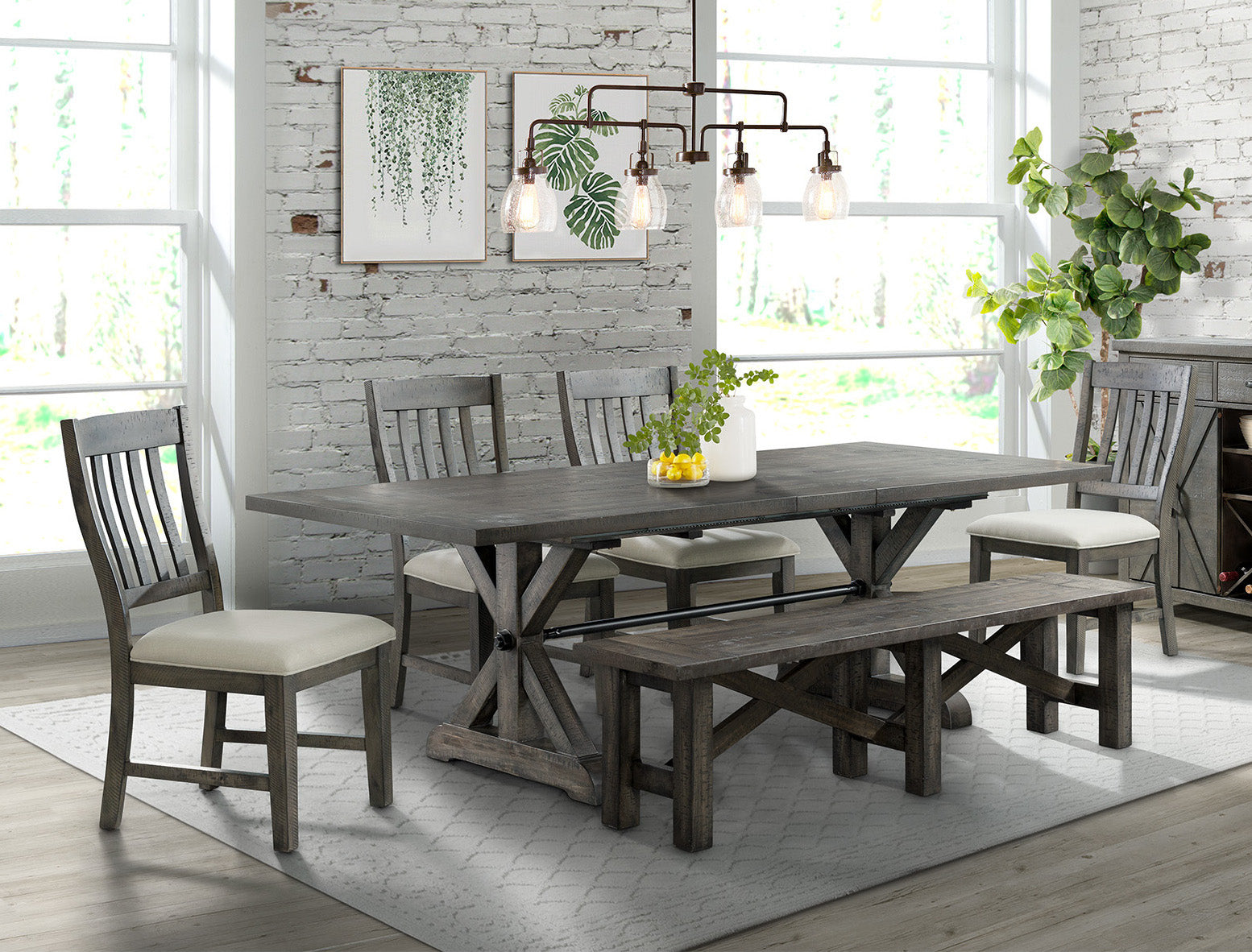 Sunset Trading Trestle 6 Piece Dining Set With Bench | 96 Rectangular Extendable Table | 4 Upholstered Side Chairs | Distresse