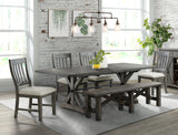 Sunset Trading Trestle 6 Piece Dining Set With Bench | 96 Rectangular Extendable Table | 4 Upholstered Side Chairs | Distresse
