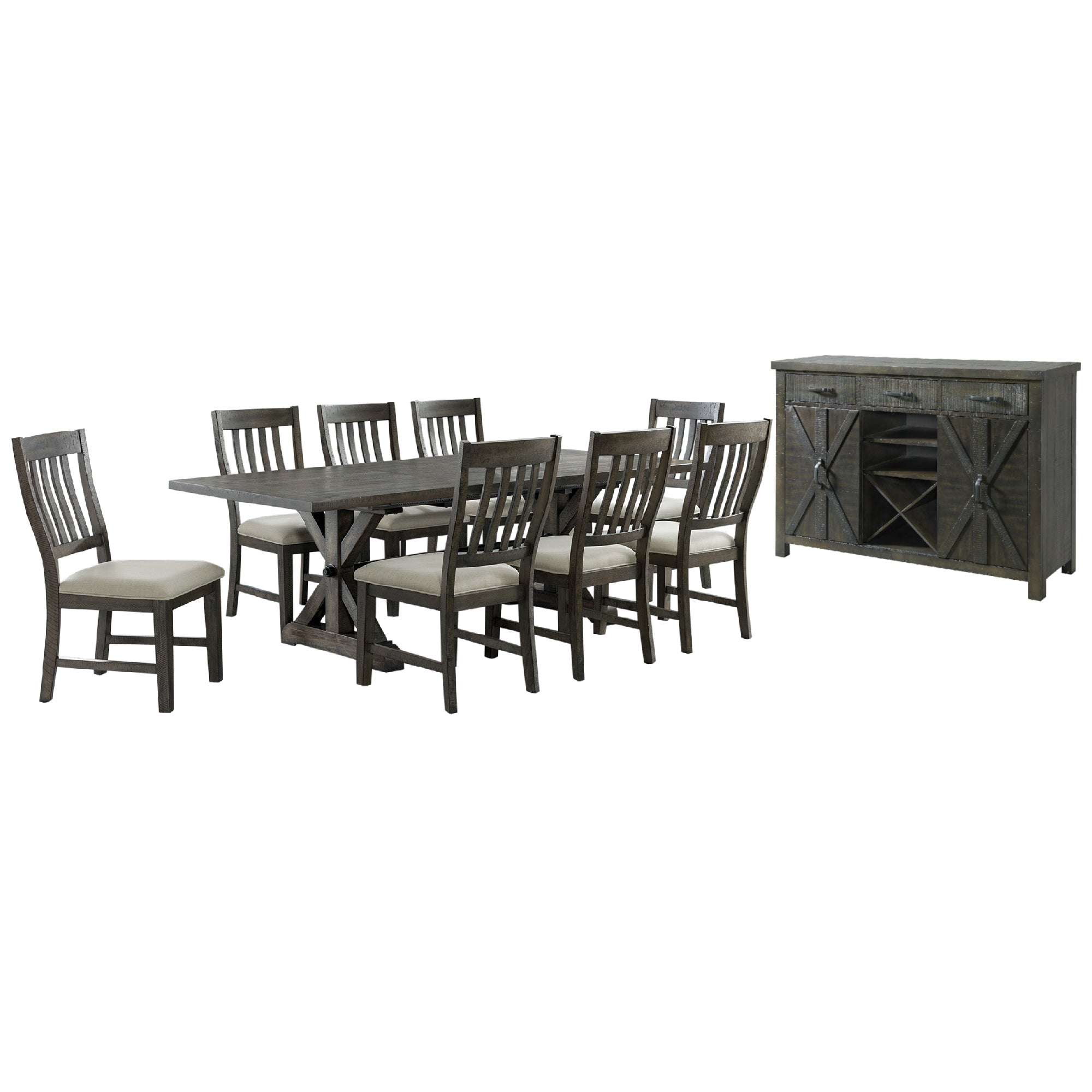 Sunset Trading Trestle 10 Piece Dining Set | 96 Rectangular Extendable Table | Sideboard With 20 Bottle Wine Rack | Distressed