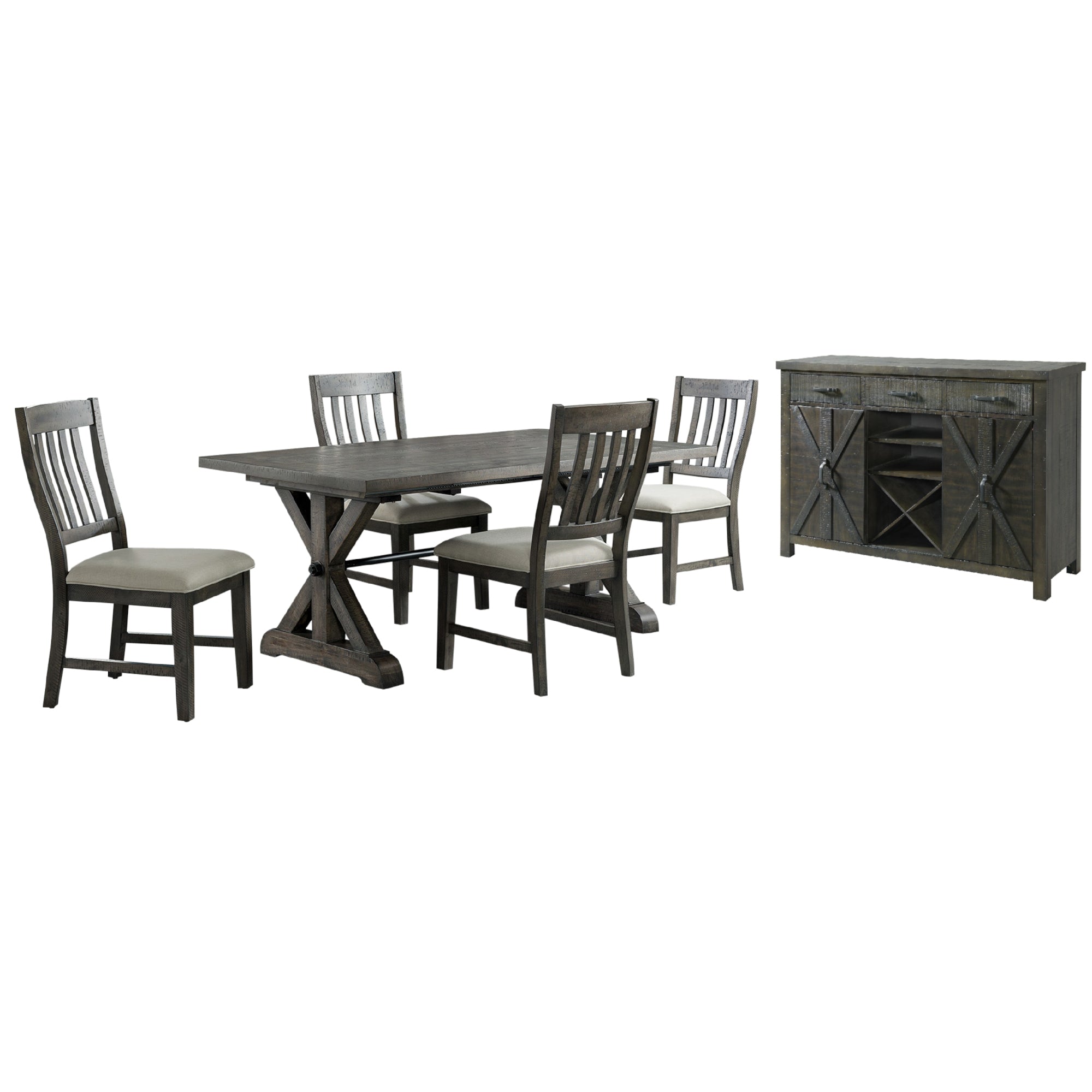 Sunset Trading Trestle 6 Piece Dining Set | 96 Rectangular Extendable Table | Sideboard With 20 Bottle Wine Rack | Distressed
