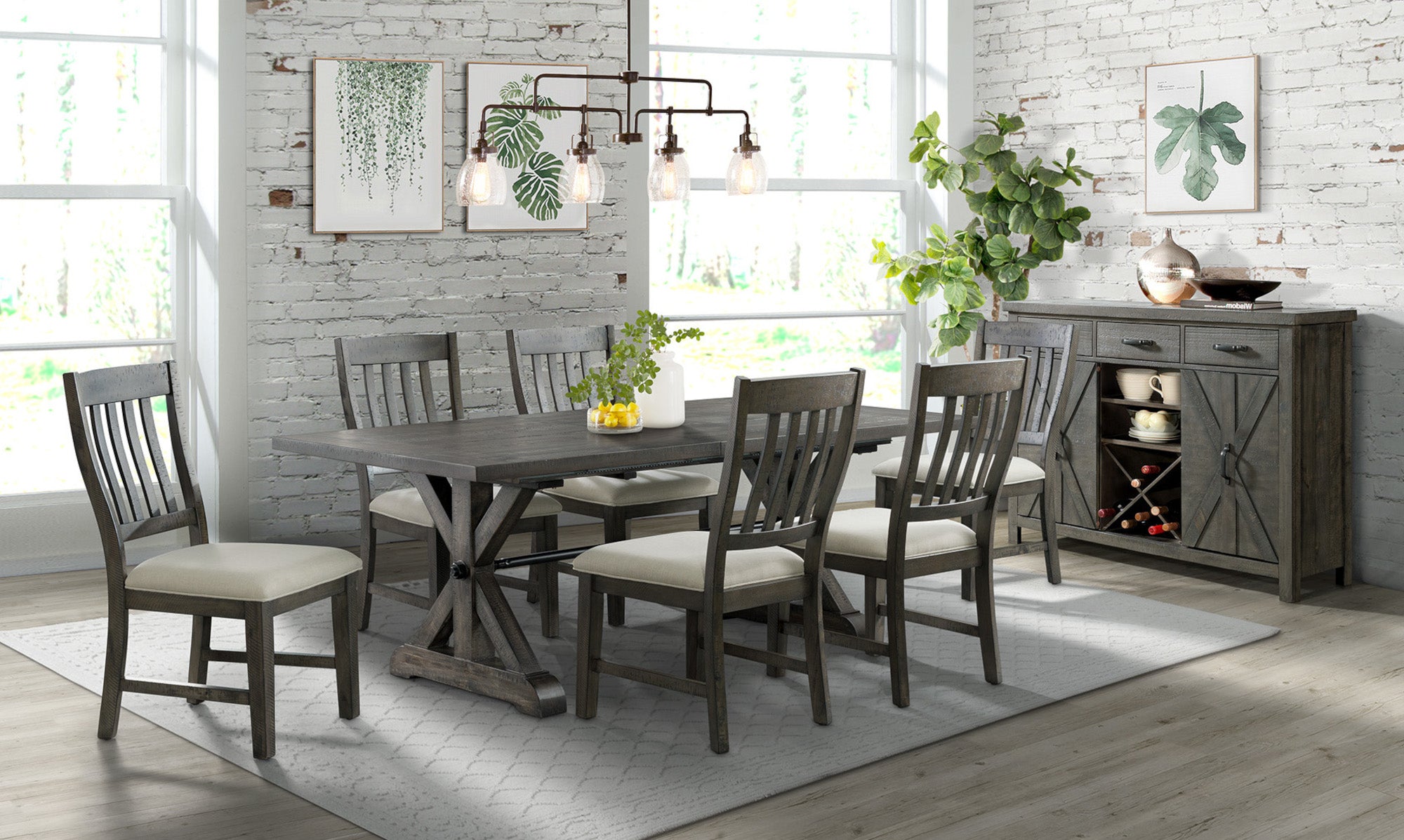 Sunset Trading Trestle 8 Piece Dining Set | 96 Rectangular Extendable Table | Sideboard With 20 Bottle Wine Rack | Distressed