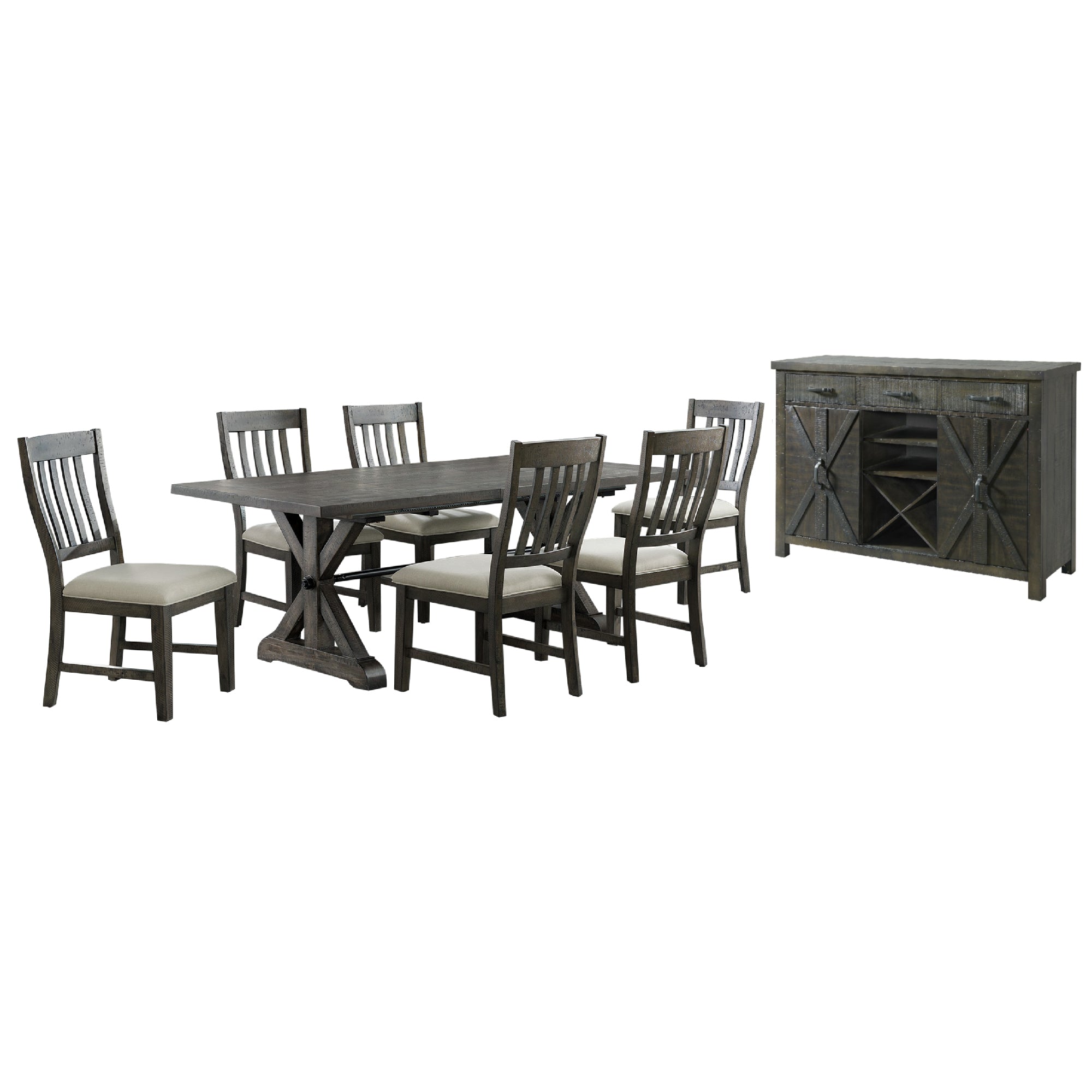 Sunset Trading Trestle 8 Piece Dining Set | 96 Rectangular Extendable Table | Sideboard With 20 Bottle Wine Rack | Distressed