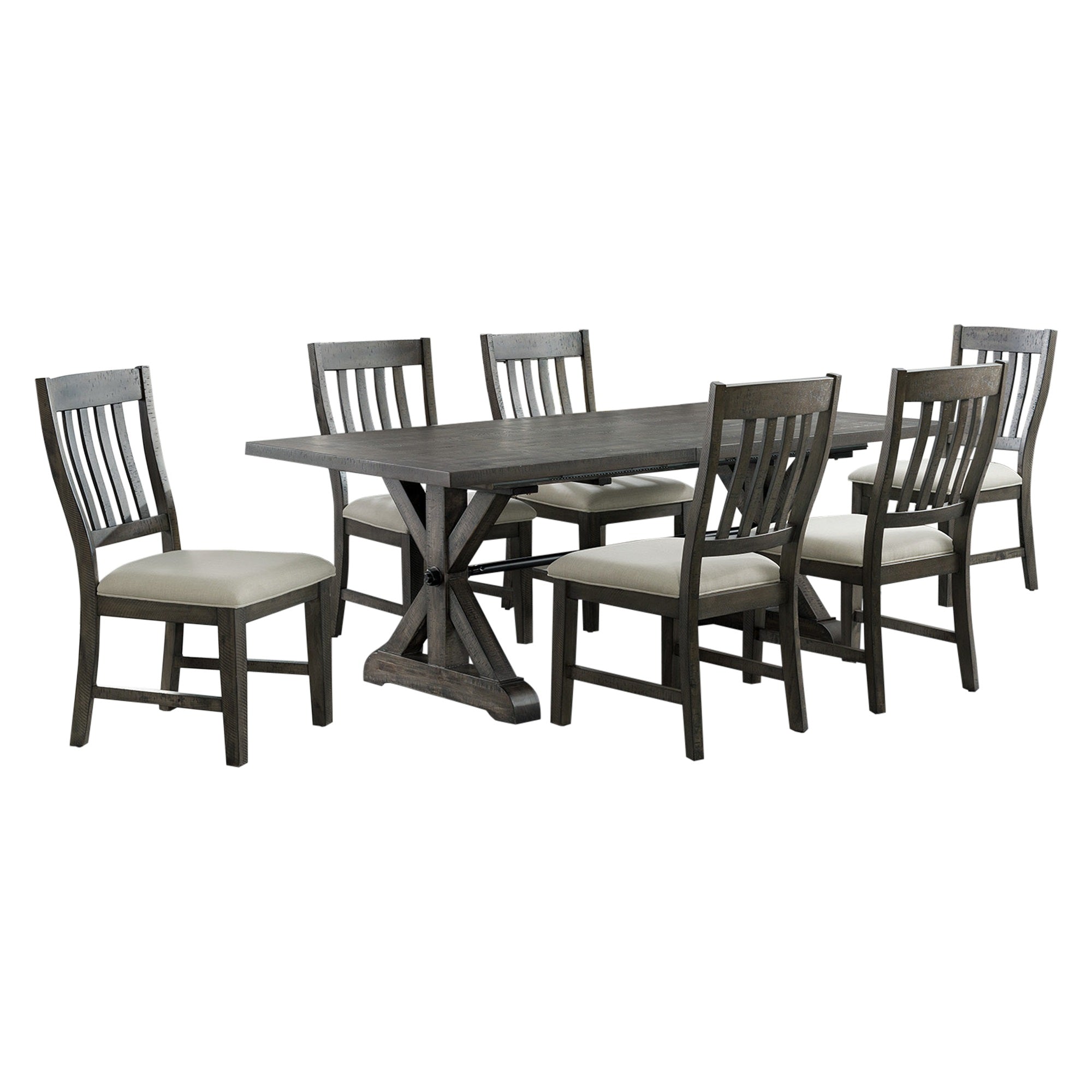 Sunset Trading Trestle 7 Piece Dining Set | 96 Rectangular Extendable Table | 6 Upholstered Side Chairs | Distressed Gray Wood