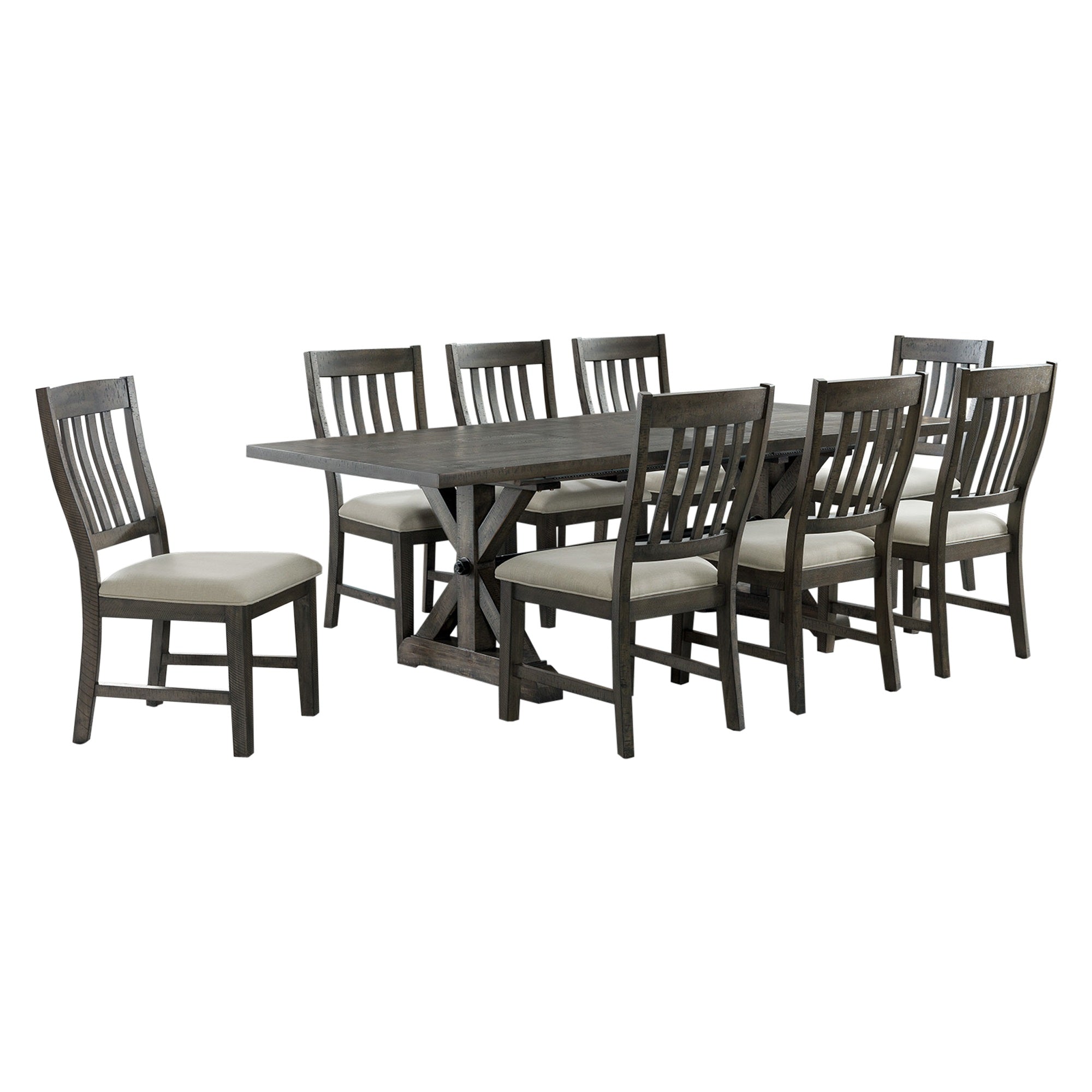 Sunset Trading Trestle 9 Piece Dining Set | 96 Rectangular Extendable Table | 8 Upholstered Side Chairs | Distressed Gray Wood