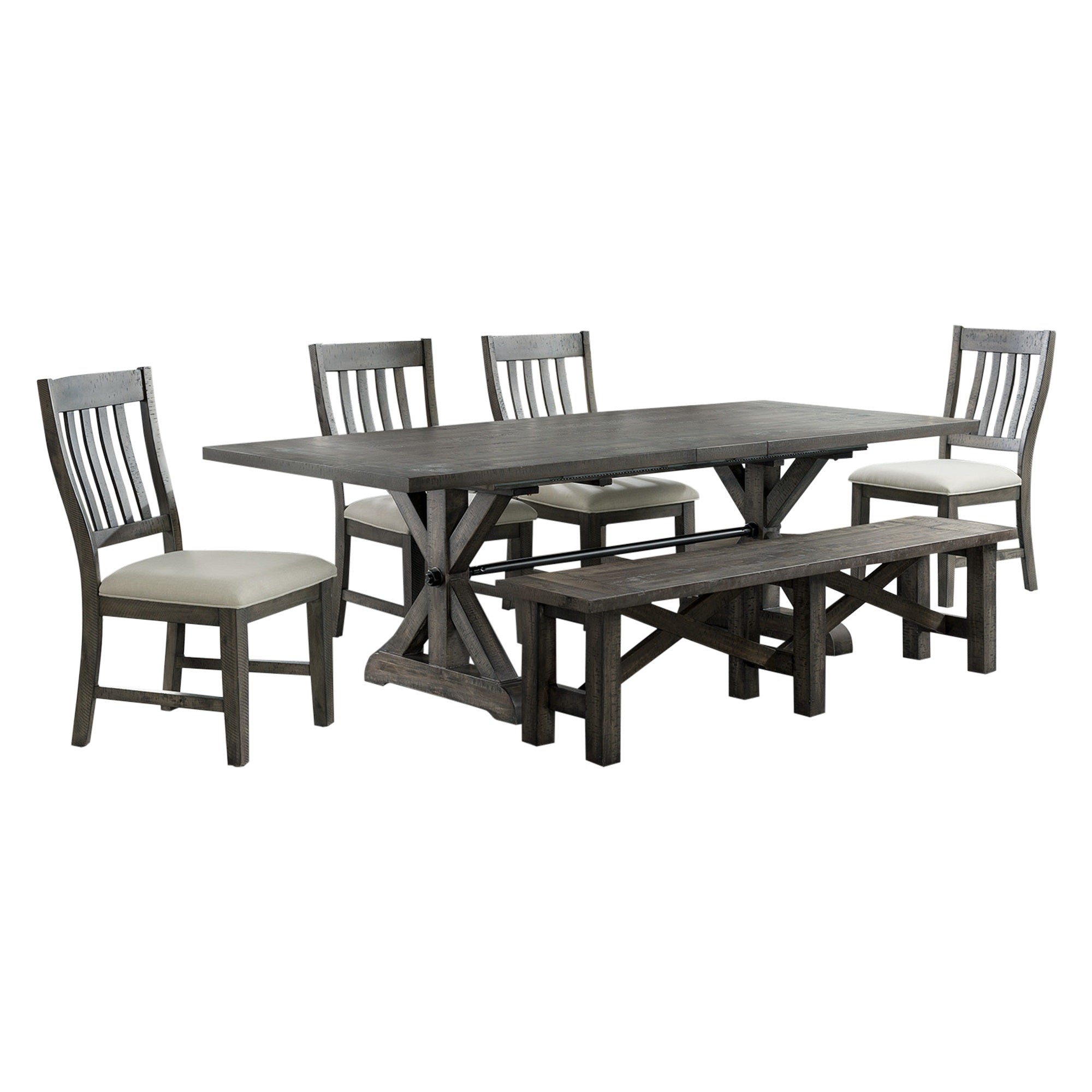 Sunset Trading Trestle 6 Piece Dining Set With Bench | 96 Rectangular Extendable Table | 4 Upholstered Side Chairs | Distresse