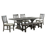 Sunset Trading Trestle 6 Piece Dining Set With Bench | 96 Rectangular Extendable Table | 4 Upholstered Side Chairs | Distresse
