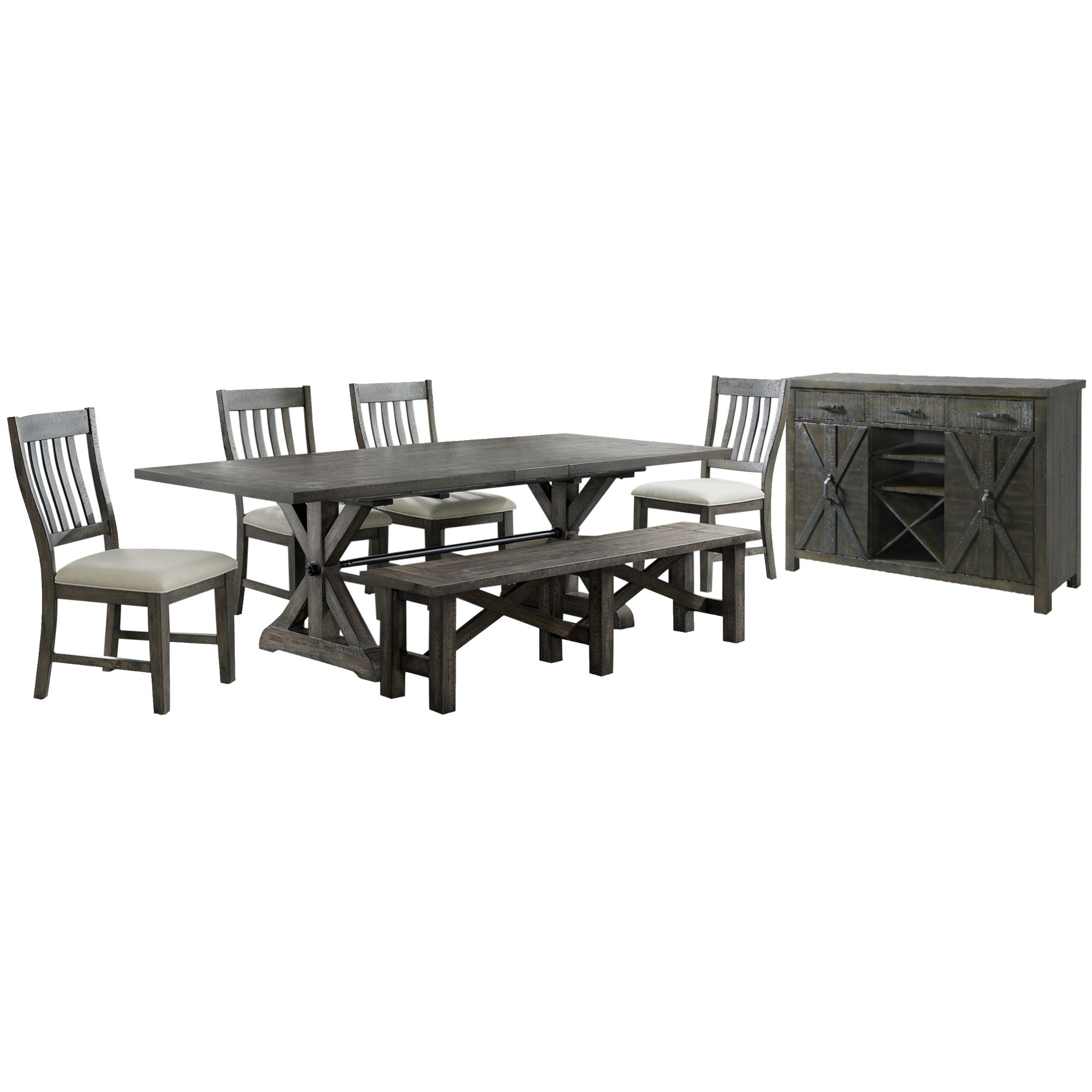 Sunset Trading Trestle 7 Piece Dining Set With Bench | 96 Rectangular Extendable Table | 4 Upholstered Side Chairs | Server Wi