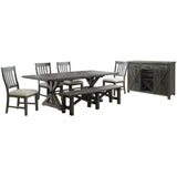 Sunset Trading Trestle 7 Piece Dining Set With Bench | 96 Rectangular Extendable Table | 4 Upholstered Side Chairs | Server Wi