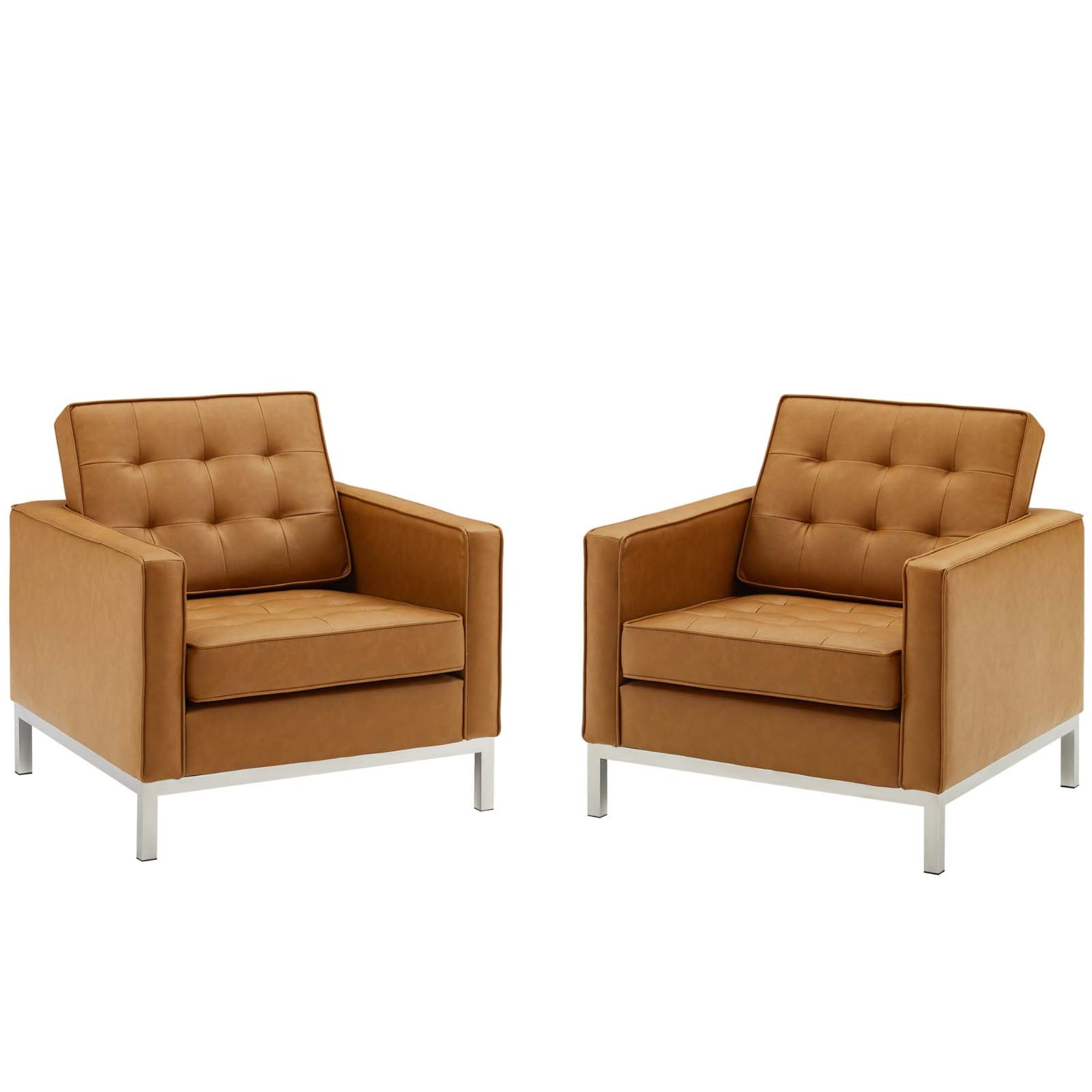 Loft Tufted Upholstered Faux Leather Armchair Set Of 2 Silver Tan