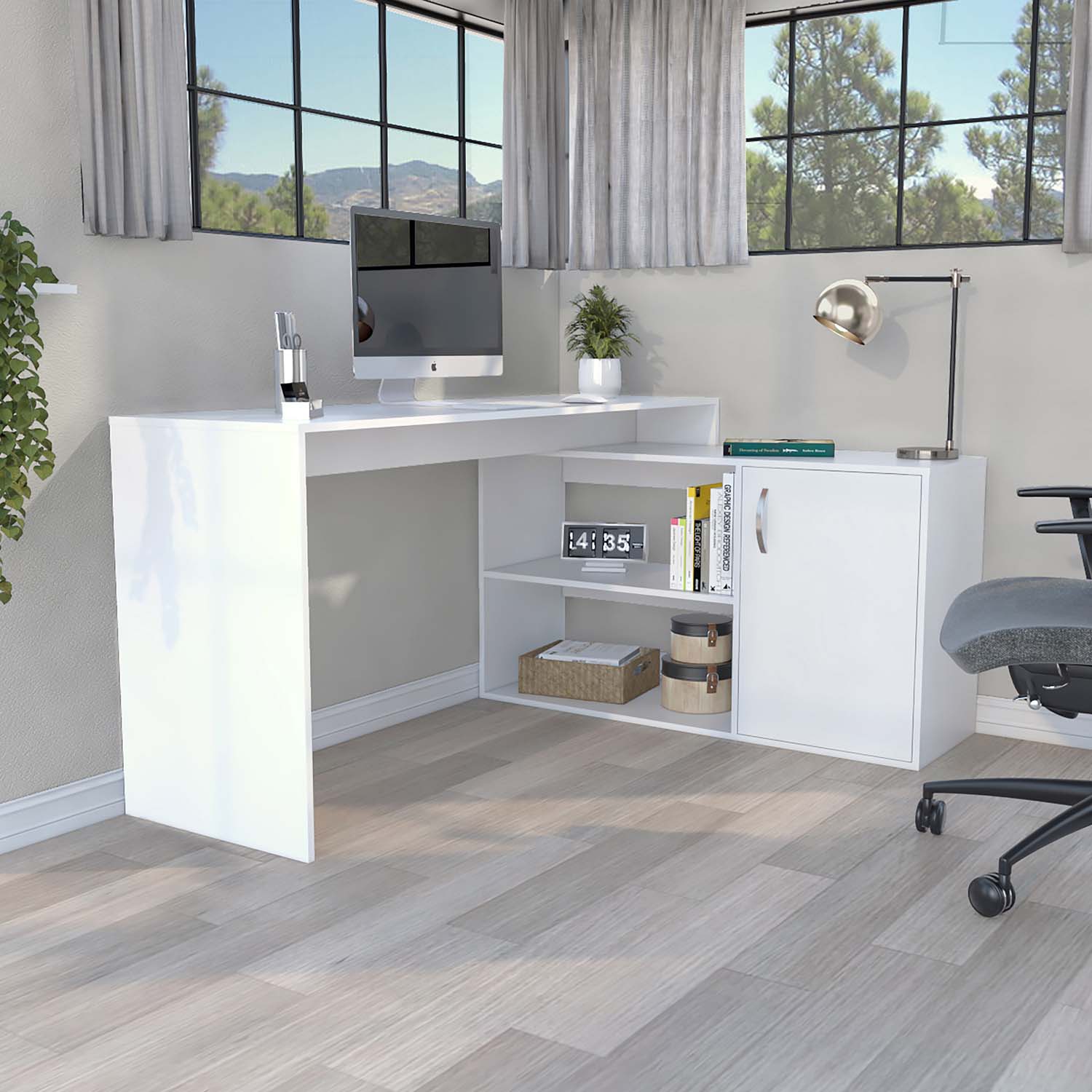 Tuhome Axis Desk, Countertop Desk, Two Internal Shelves, One Door Cabinet, Two Open Shelves, White, For Office