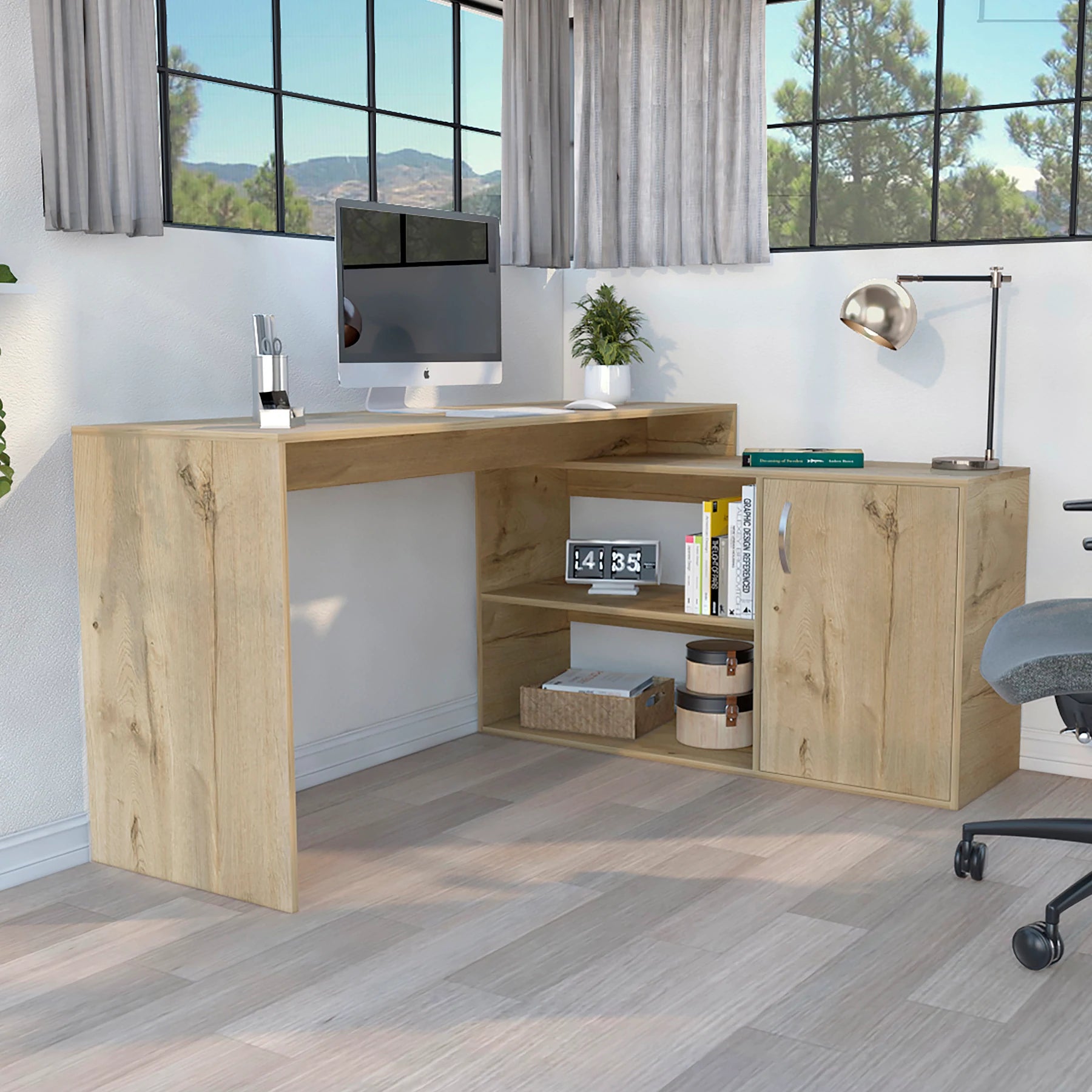 Tuhome Axis Desk, Countertop Desk, Two Internal Shelves, One Door Cabinet, Two Open Shelves, Light Oak, For Office