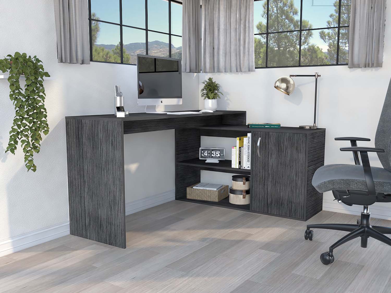 Tuhome Axis Desk, Countertop Desk, Two Internal Shelves, One Door Cabinet, Two Open Shelves, Smoky Oak, For Office