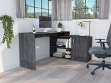 Tuhome Axis Desk, Countertop Desk, Two Internal Shelves, One Door Cabinet, Two Open Shelves, Smoky Oak, For Office
