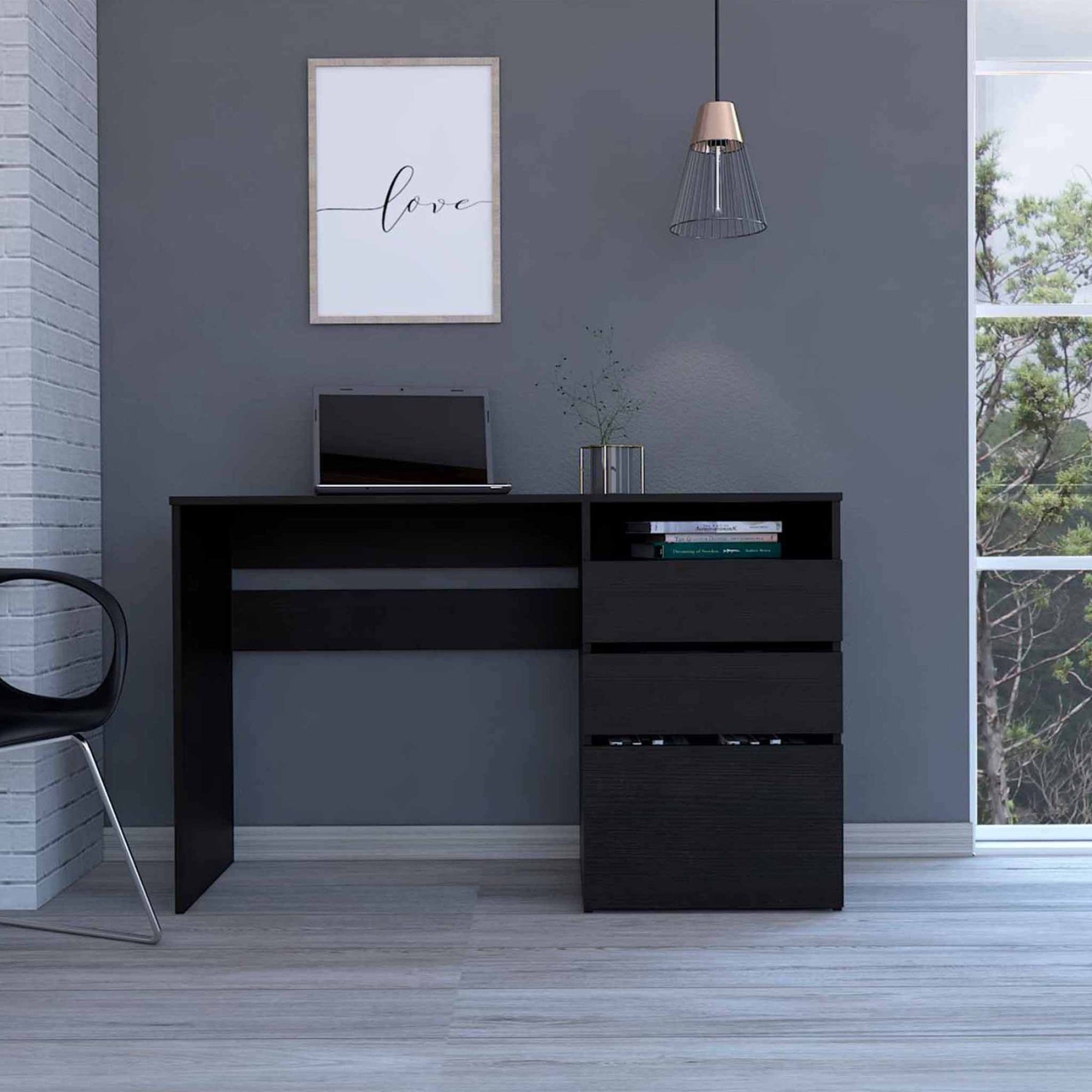 Tuhome Dublin Three Drawer Computer Desk, , One Shelf, Countertop Desk, Three Drawers, Black, For Office