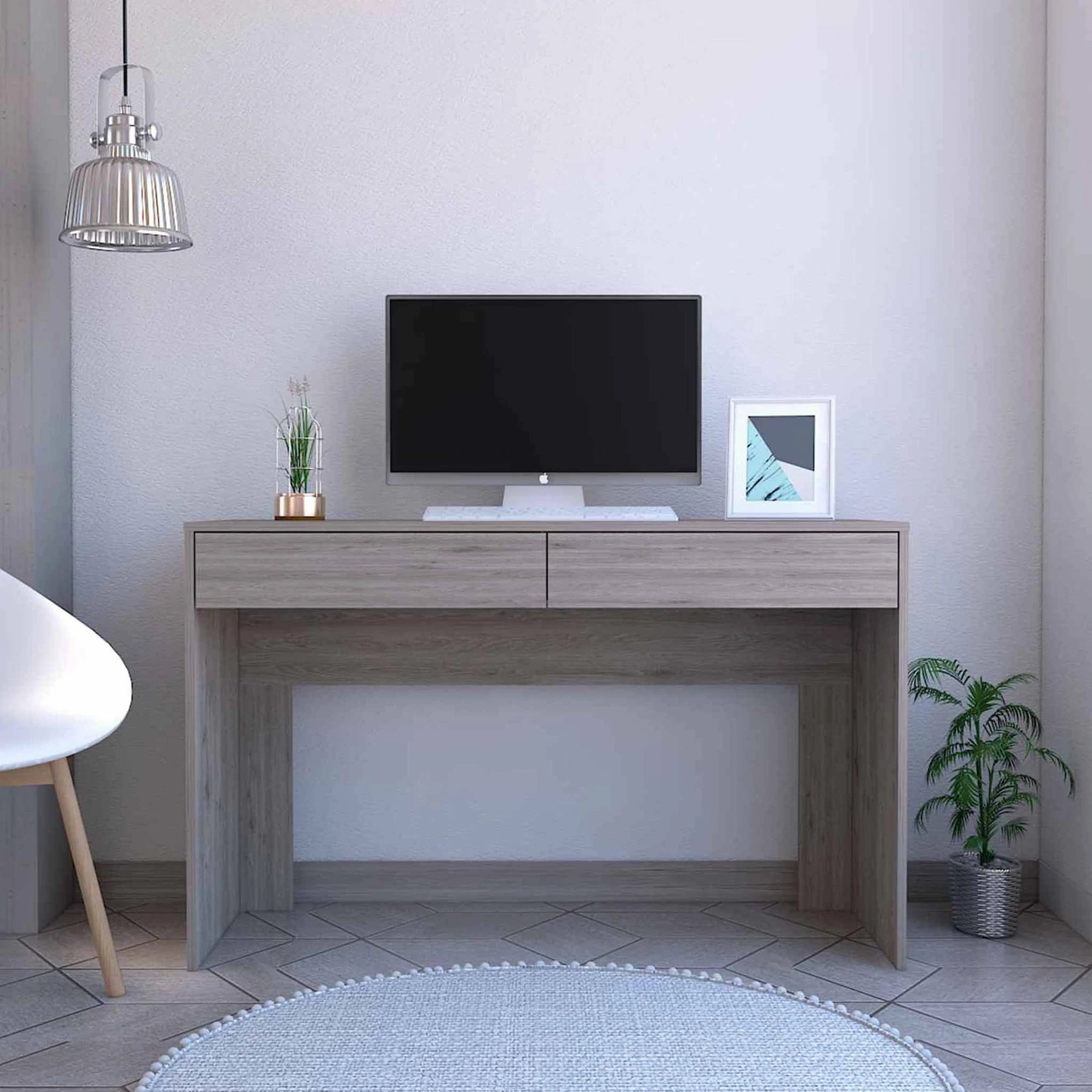 Tuhome Acre Computer Desk, Two Drawers, Countertop Desk, Light Grey, For Office