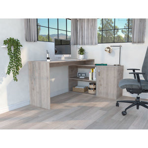 Tuhome Axis Desk, Countertop Desk, Two Internal Shelves, One Door Cabinet, Two Open Shelves, Light Grey, For Livingroom