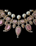 BR462 Anmol necklace set in pink( rose quartz ), Cats eye and pearls ( READY TO SHIP )