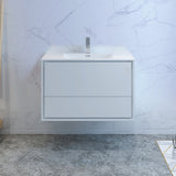 Fresca Catania 36 Glossy White Wall Hung Modern Bathroom Cabinet W/ Integrated Sink