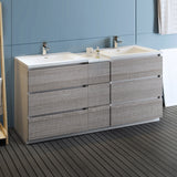 Fresca Lazzaro 72 Glossy Ash Gray Free Standing Double Sink Modern Bathroom Cabinet W/ Integrated Sinks