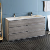 Fresca Lazzaro 72 Glossy Ash Gray Free Standing Modern Bathroom Cabinet W/ Integrated Double Sink