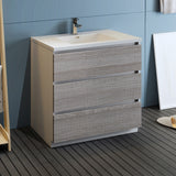 Fresca Lazzaro 36 Glossy Ash Gray Free Standing Modern Bathroom Cabinet W/ Integrated Sink