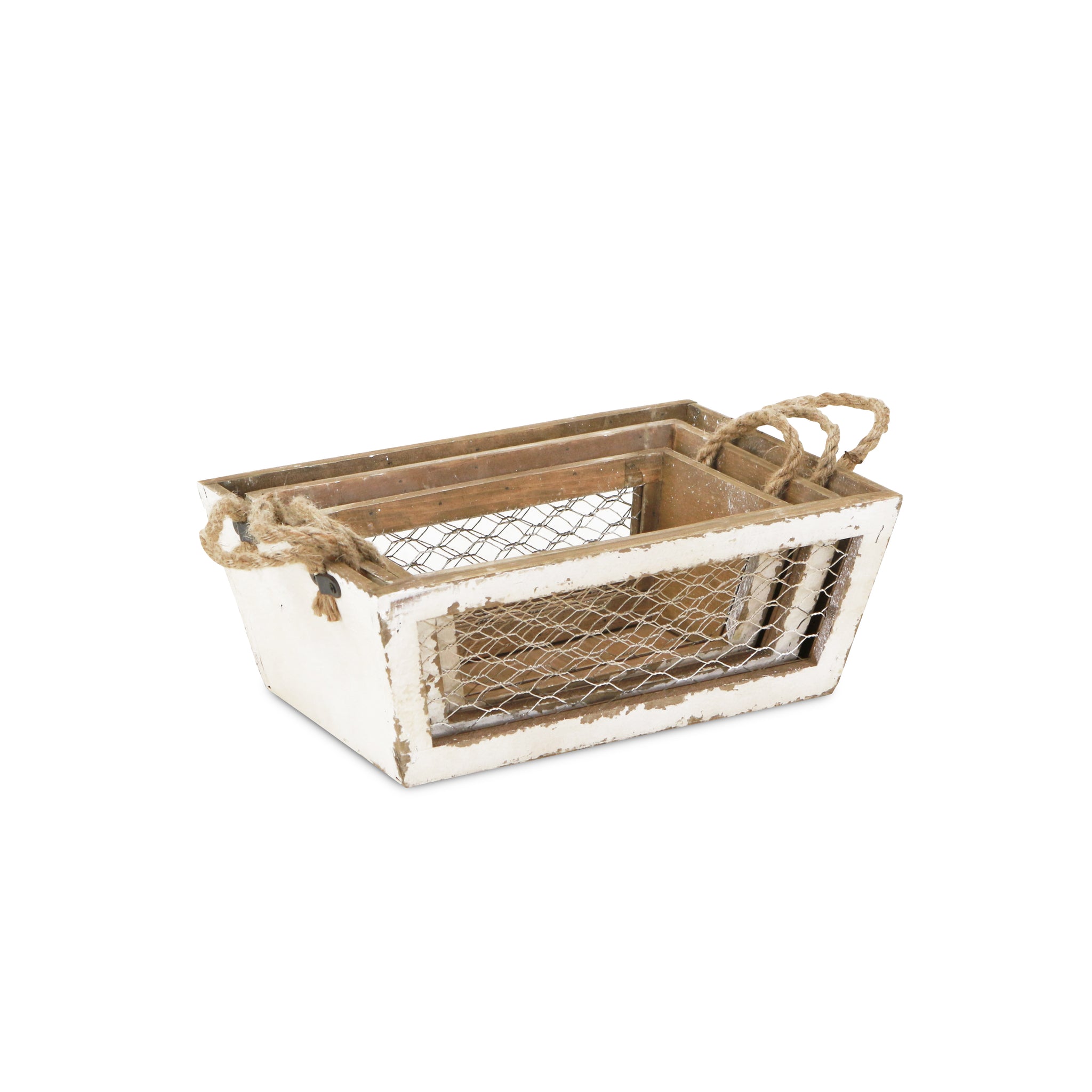 Irona Set Of 3 Tapered Wood & Wire Crates - White