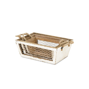 Irona Set Of 3 Tapered Wood & Wire Crates - White