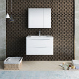 Fresca Tuscany 32 Glossy White Wall Hung Modern Bathroom Vanity W/ Medicine Cabinet