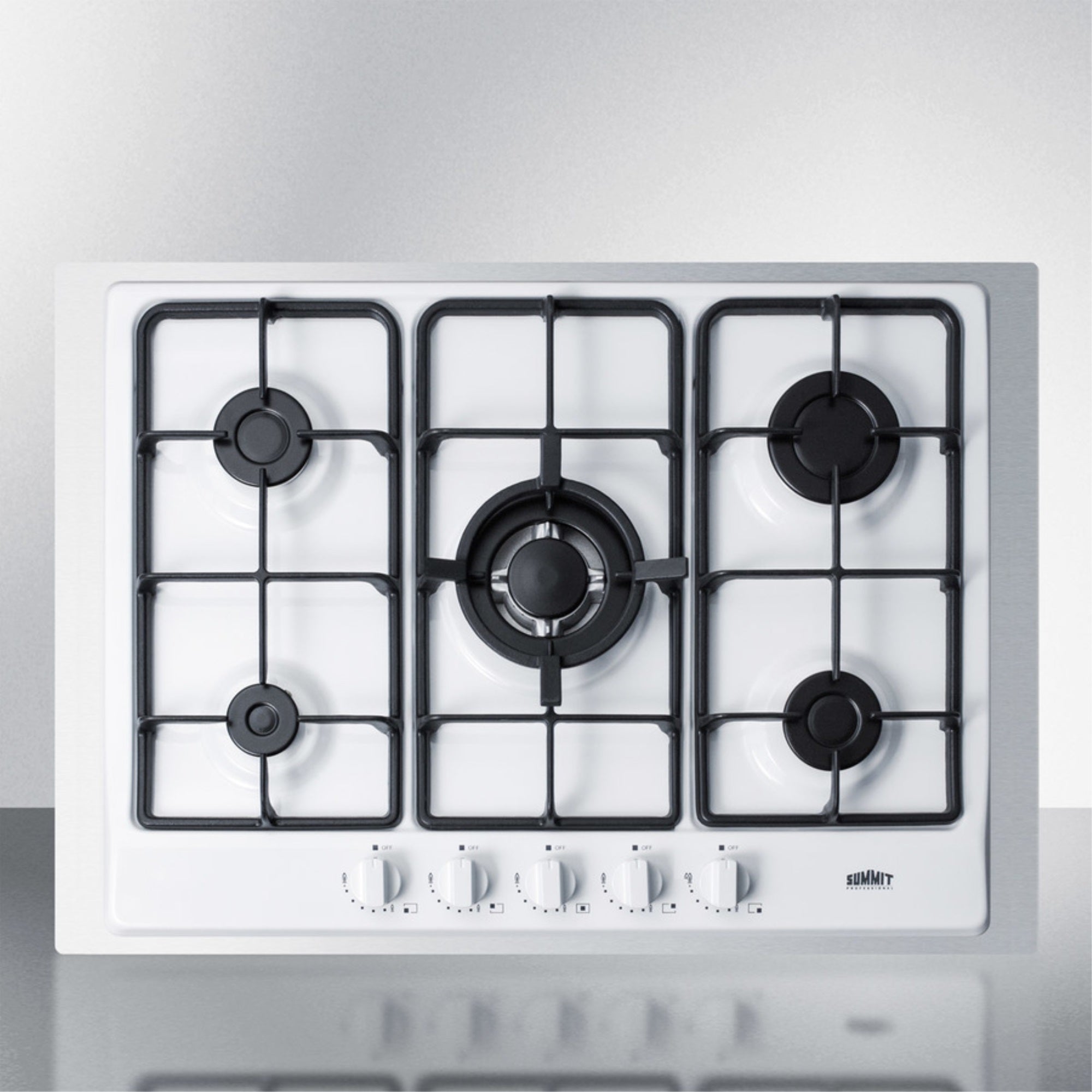 5-Burner Gas Cooktop Made In Italy In White Finish With Sealed Burners, Cast Iron Grates, Wok Stand, And Stainless Steel Frame T