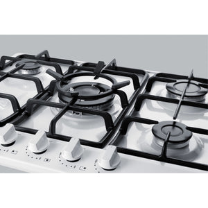 5-Burner Gas Cooktop Made In Italy In White Finish With Sealed Burners, Cast Iron Grates, Wok Stand, And Stainless Steel Frame T