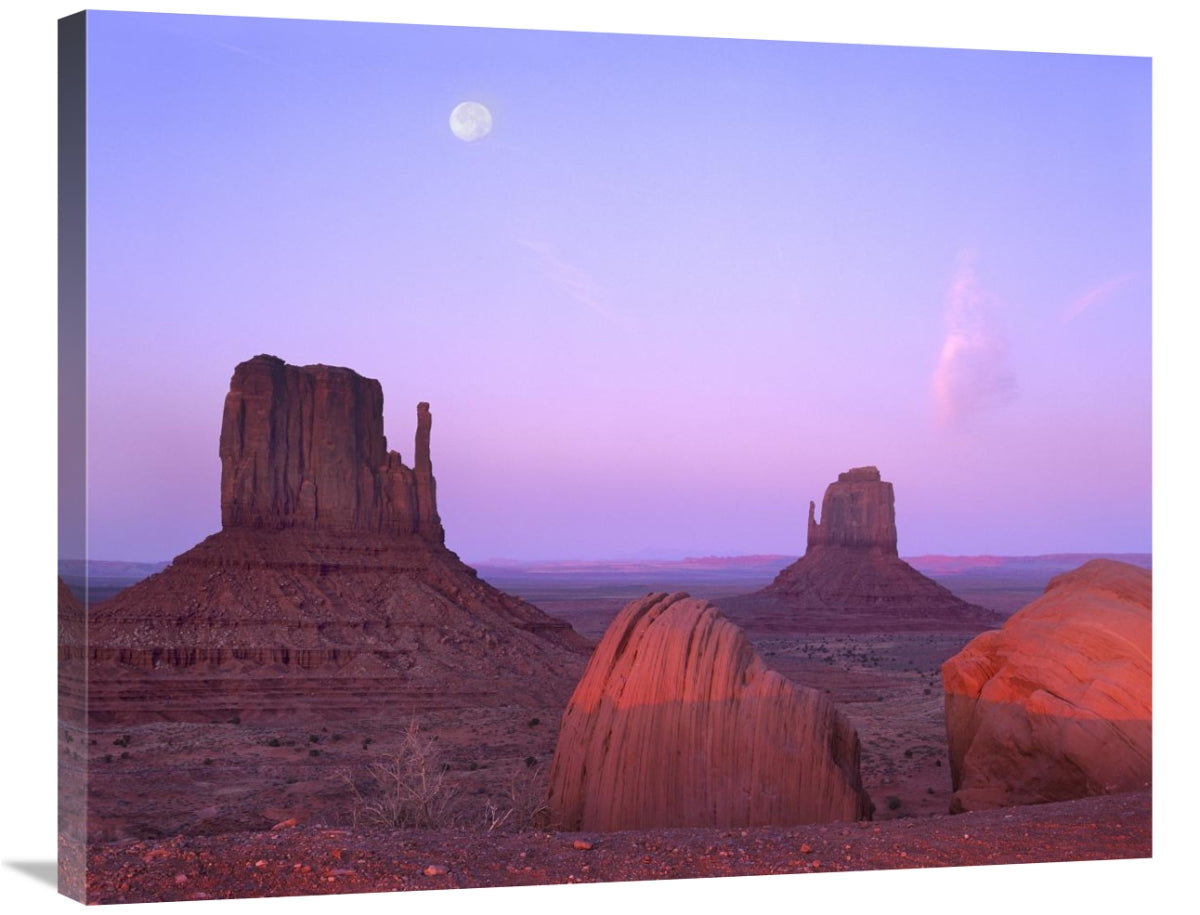 East And West Mittens, Buttes At Sunrise With Full Moon, Monument Valley, Arizona-Canvas Art-35X28