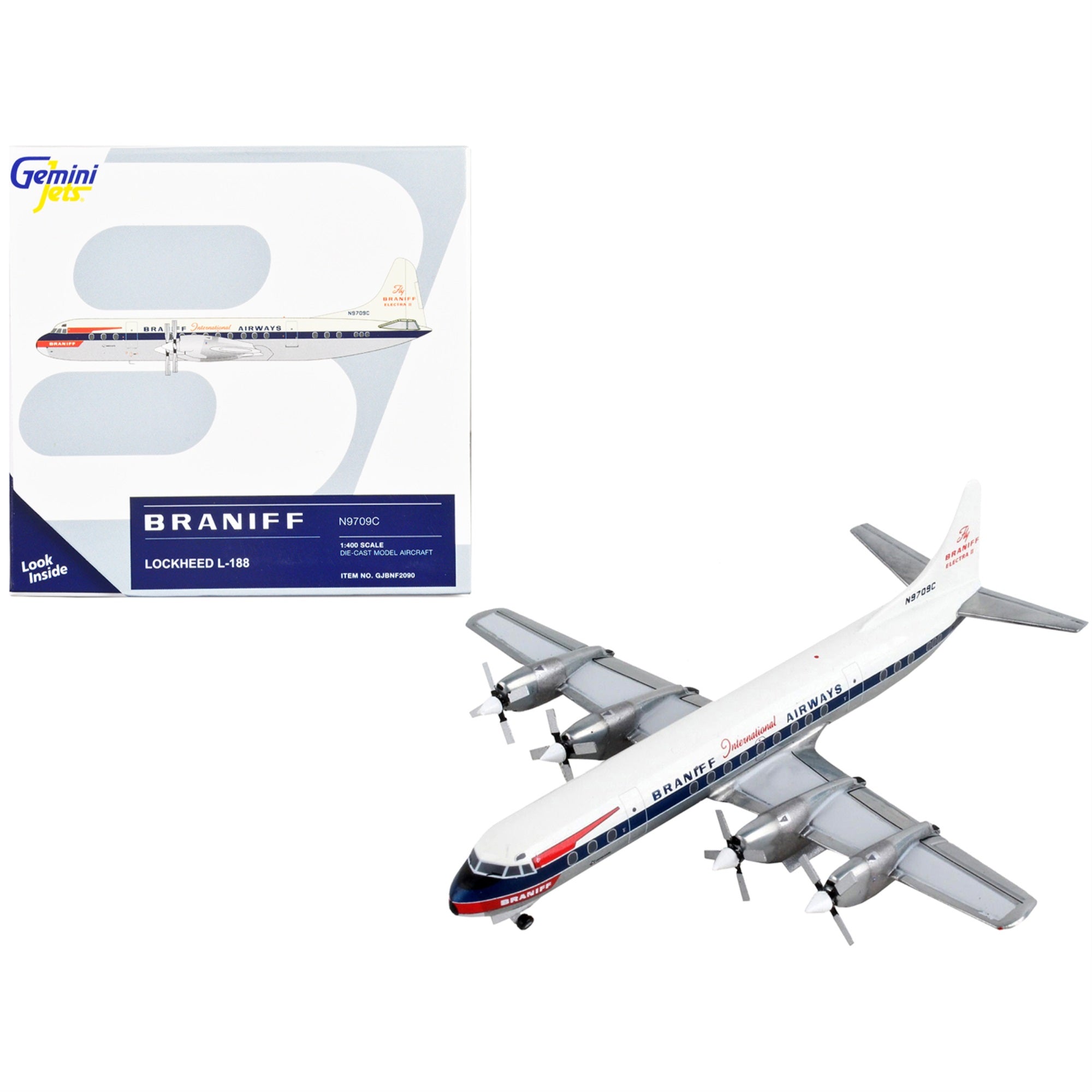 Lockheed L-188 Electra Commercial Aircraft Braniff International Airways White With Blue Stripes 1/400 Diecast Model Airplan