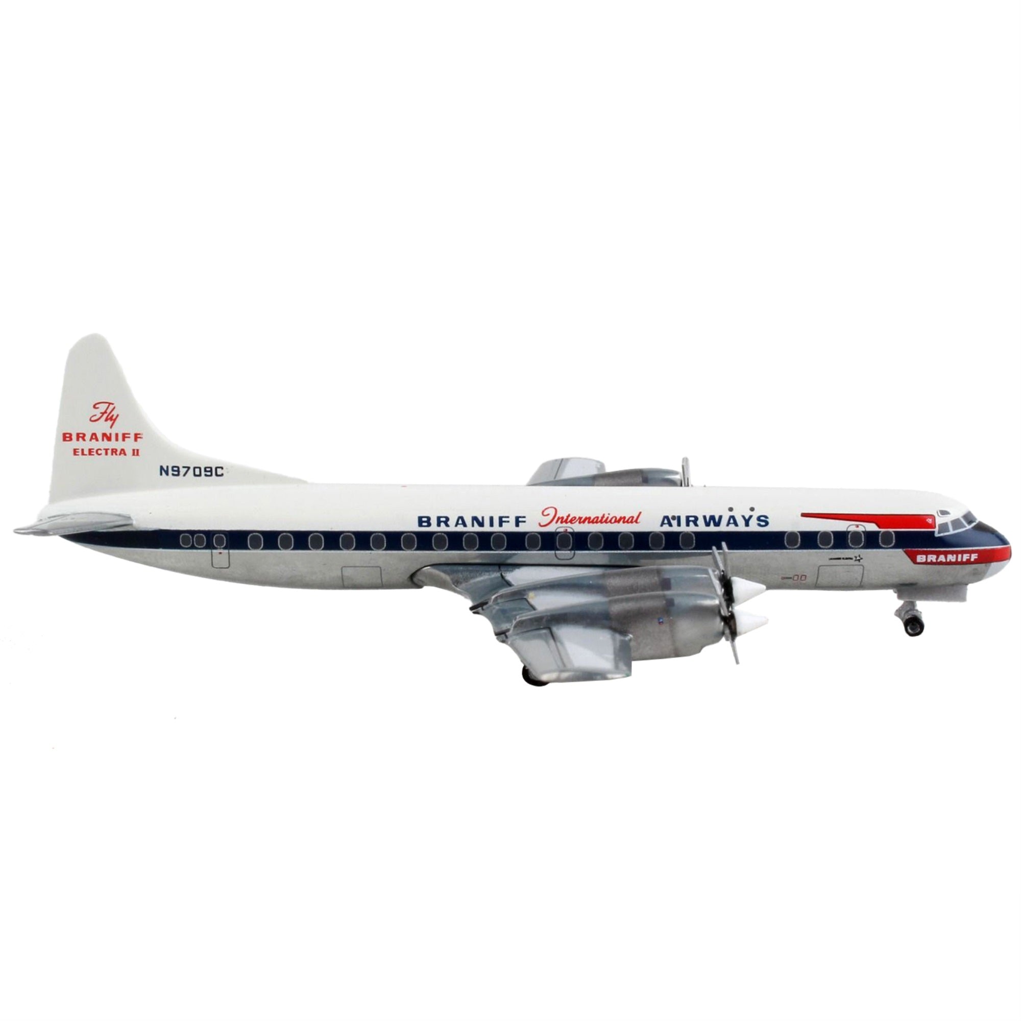 Lockheed L-188 Electra Commercial Aircraft Braniff International Airways White With Blue Stripes 1/400 Diecast Model Airplan