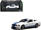 2007 Ford Mustang Shelby GT500 Performance White with Blue Stripes 1/64 Diecast Model Car by MotorHelix & Greenlight