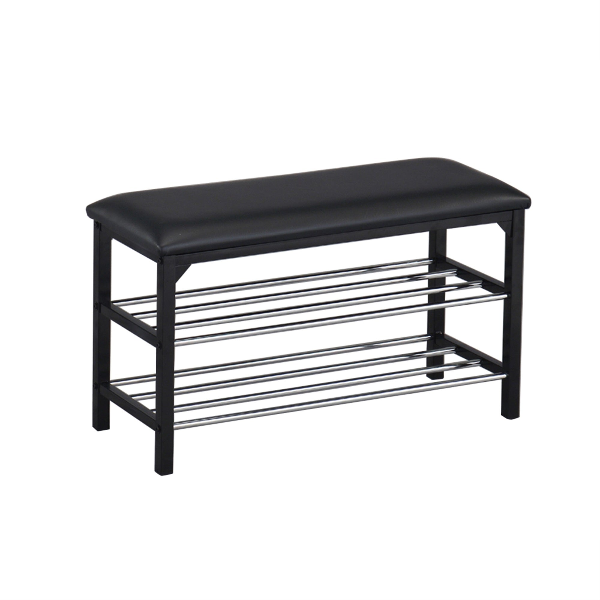 Harney 2 Tier Shoe Organizer Storage Bench, Black Vinyl Seat & Frame, Chrome Metal Racks